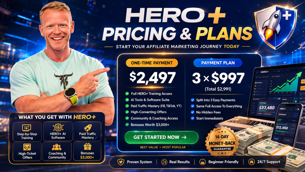 HERO+ pricing plans showing $2497 one time payment and 3x $997 payment option with AI affiliate marketing features